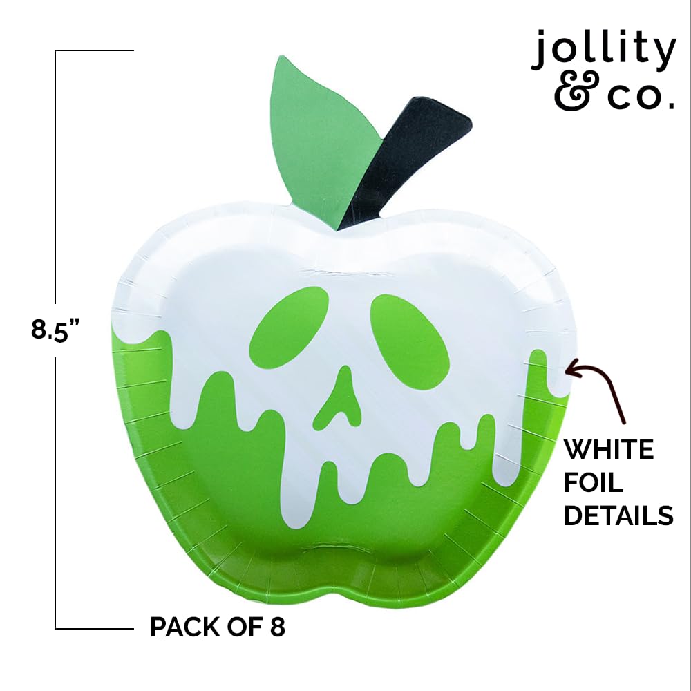Jollity & Co Poison Apple Halloween Dessert Plates - Bright Green Paper Plates with White Foil - Pack of 8 Party Plates - Birthday Plates for Fall