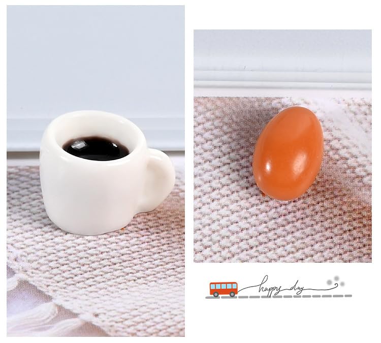 7 Pieces 1:12 Scale Miniature Breakfast Set - Dollhouse Kitchen Accessories, Includes Tray, Spoon, Cup, Coffee, Eggs, Bread, and Other Decorative