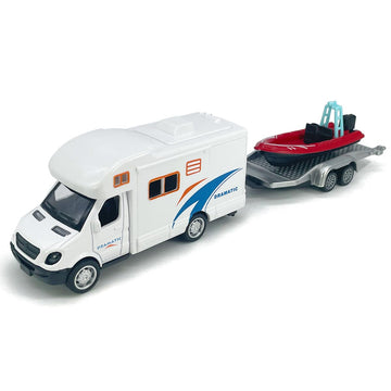 Motorhome Camper Trailer Towing Speed Boat Model Diecast Toys for Boys Pull Back RV Toy Vehicle, Beach Sandbox Outdoor Adventure, 3 4 5 6 7 Year Old