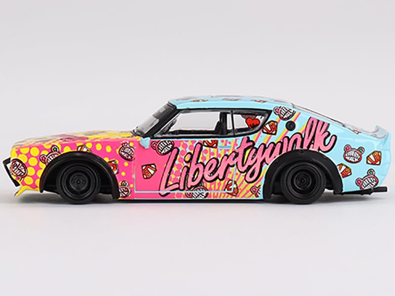 Skyline Kenmeri Liberty Walk RHD (Right Hand Drive) Kuma Light Blue and Yellow with Graphics Limited Edition 1/64 Diecast Model Car by Mini GT