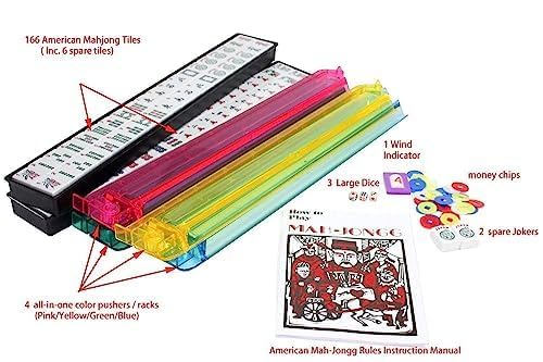 usamjtable 166 Tiles American Mahjong Set in Red Soft Light Weight Bag, 4 Color All in One Pushers Racks Western Mahjongg