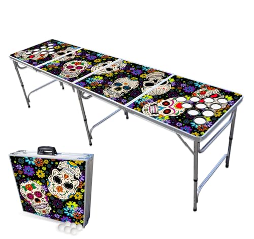 PARTYPONG 8-Foot Folding Beer Pong Table w/Cup Holes - Dia de Los Muertos Edition