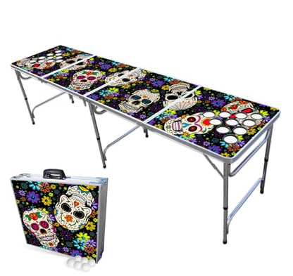 PARTYPONG 8-Foot Folding Beer Pong Table w/Cup Holes - Dia de Los Muertos Edition