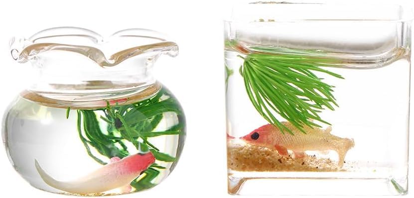 2Pcs Miniature Fish Bowl, 1: 12 Dollhouse Miniature Glass Goldfish Tank Desktop Dollhouse Ornaments for Garden Scene Decor Accessories