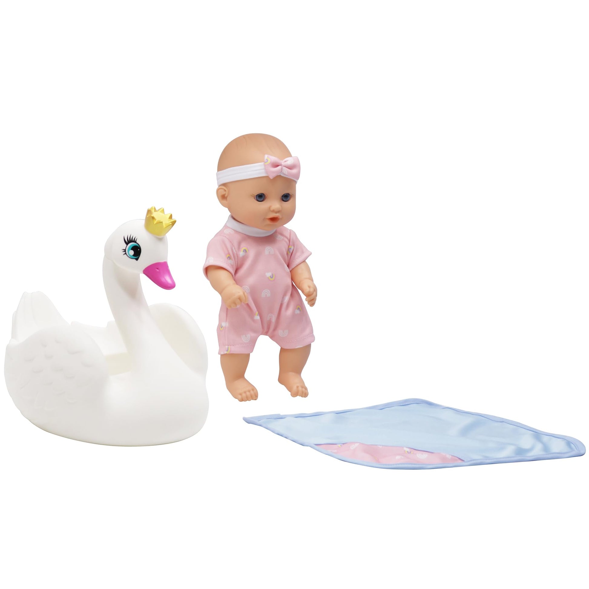 Dream Collection: 10" Bath Time Baby Doll & Swan Floatie Set - Onesie Outfit & Headband, Swaddle Blanket Towel, Hard Body, Water Play Toy Set, Kids 2+