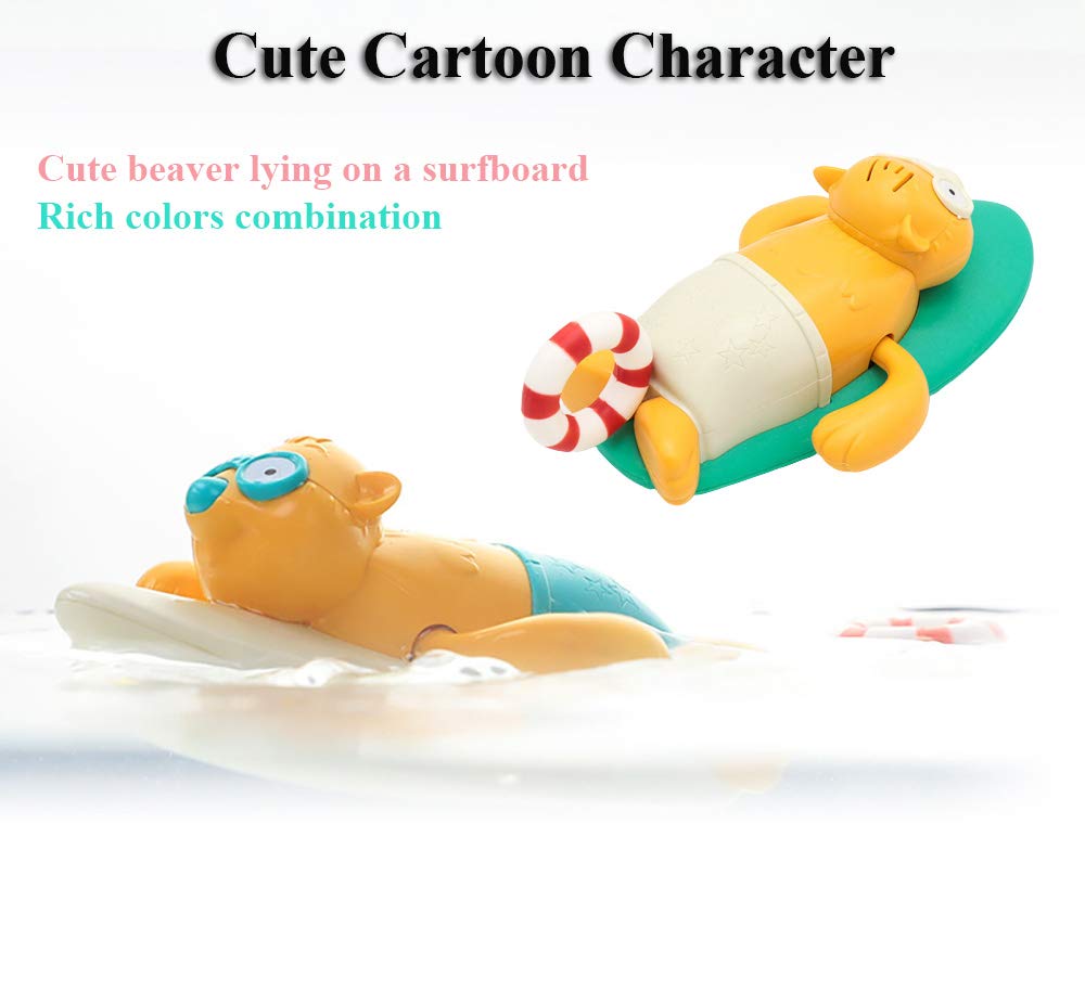 NEXTAKE Pull String Baby Bath Toy Pull & Go Beaver Cute Surfing Beaver Swimming Beaver Windup Clockwork Bathtub Toy for Toddlers (Blue)