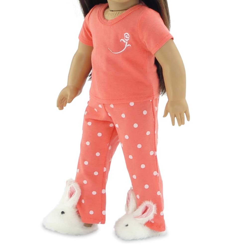 Emily Rose 18 Inch Doll Clothes Coral Polka Dot Pajamas PJs Gift Set, with Bunny Slippers! | Gift Boxed! | USA Brand | Compatible with American Girl