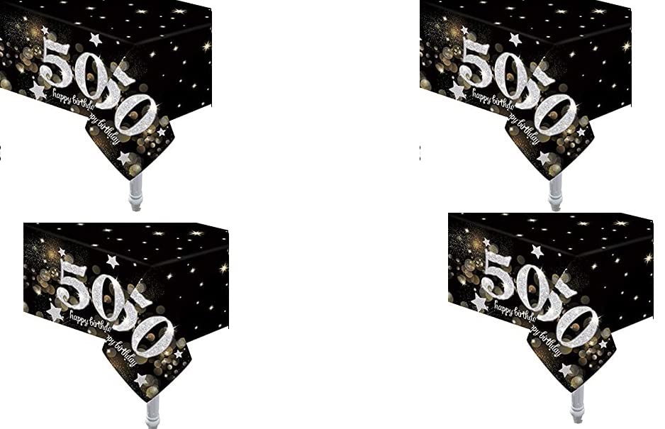 Oojami 4 Pack 50th Birthday Tablecloth, 50th Birthday Table Cloth - Plastic Party Table Covers, Reusable, Spill-Resistant, Fits 54 x 108 Inch