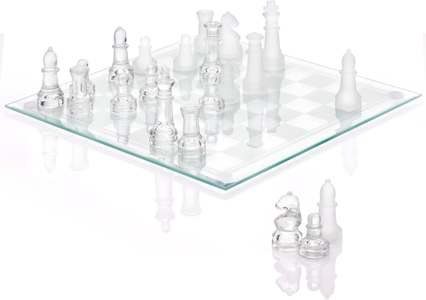Srenta Fine Glass Chess Set, (9 Inch) Modern Clear Chess Board Set with Solid Clear & Frosted Glass Chess Pieces | Crystal Chess Board Set, Felt