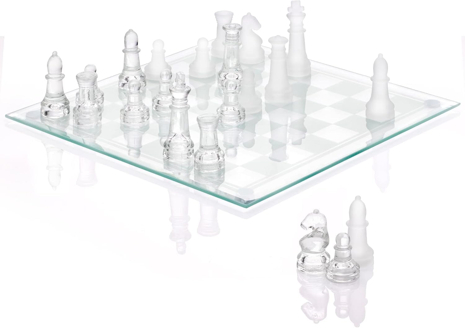 Srenta Fine Glass Chess Set, (9 Inch) Modern Clear Chess Board Set with Solid Clear & Frosted Glass Chess Pieces | Crystal Chess Board Set, Felt