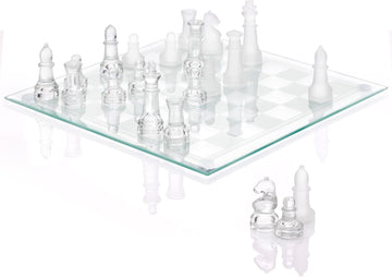 Srenta Fine Glass Chess Set, (9 Inch) Modern Clear Chess Board Set with Solid Clear & Frosted Glass Chess Pieces | Crystal Chess Board Set, Felt
