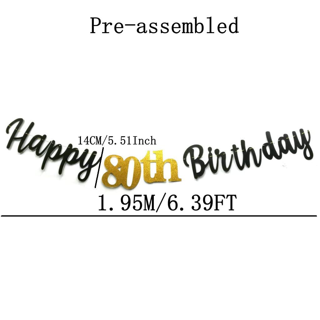 Double Sized Glitter Paper Black Happy 80th Birthday Banner Sign No DIY Gold Glitter 80 Years Birthday Party Decorations Supplies Anniversary
