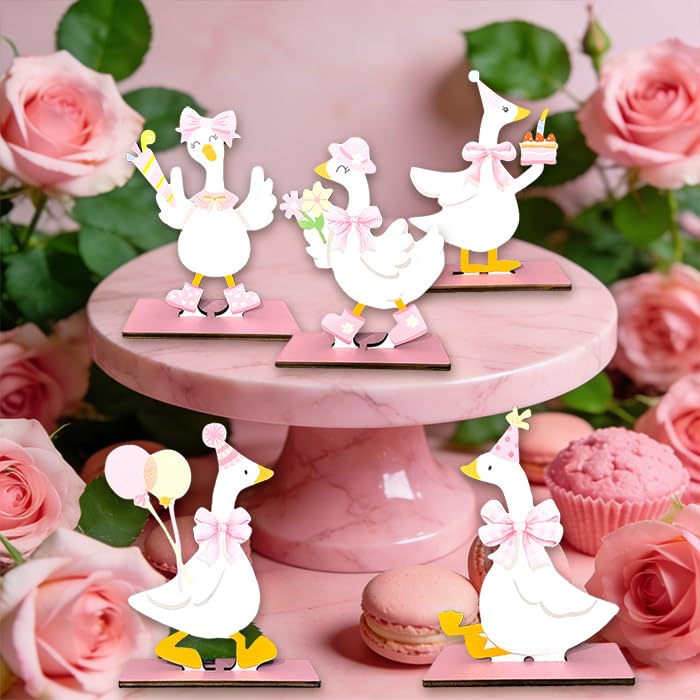 6Pcs One Silly Goose Birthday Decor - Pink Wooden Geese For Women Pink Bow Duck Funny Party Supplies