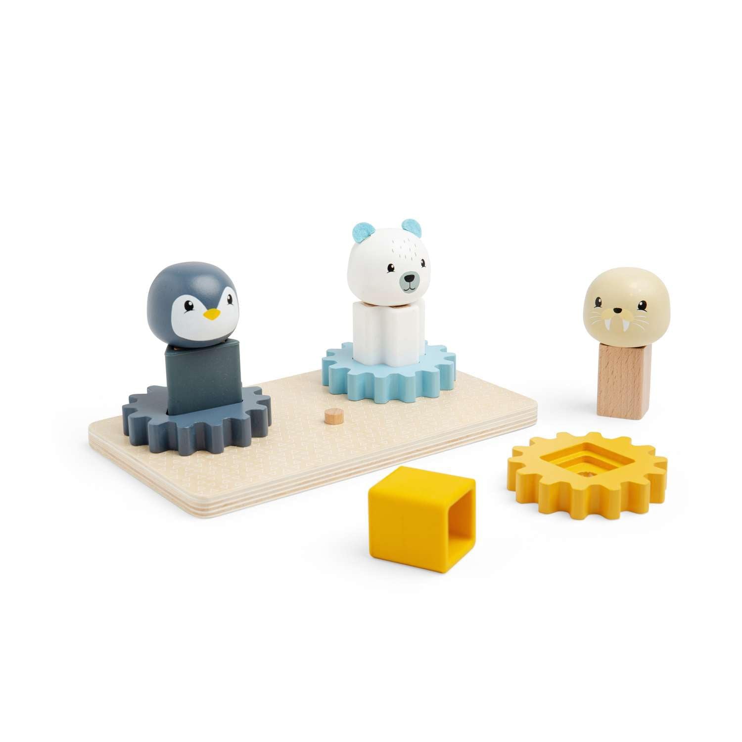 Bigjigs Toys Arctic Animal Cog Puzzles Board - 10 Piece Wooden Shape Matching Game, Sustainable Wood Pieces with Silicone Shapes, Baby Toddler