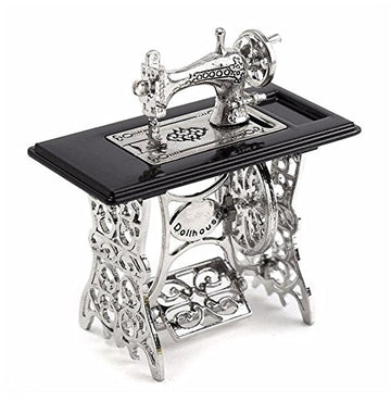 EatingBiting 1/12 1:12 Scale mini House Miniatures Furniture Vintage Silver Sewing Machine Table Metal, Sewing Machine Pedal Can Move, Worth