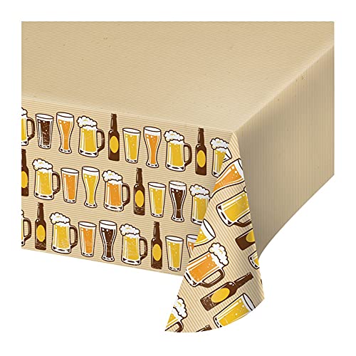Creative Converting 324453 Cheers & Beers Plastic Border Print Tablecover, 54" x 102", Ivory