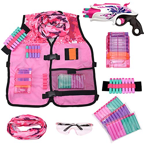 Girls Pink Tactical Vest Set with Gun for Nerf Rebelle and N-Strike Elite Series with 30 Refill Darts, Quick Reload Clip, Wrist Ammo Holder, Safety