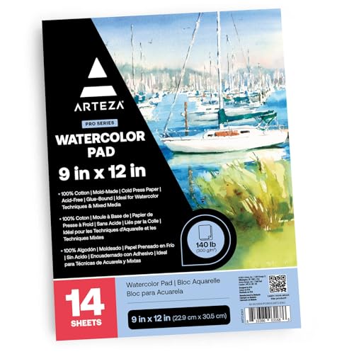 ARTEZA Watercolor Paper, 14 Sheets, 9x12 Inches Water Color Paper, 140lb/300gsm, 100% Cotton, Cold Press, Acid Free Art Paper