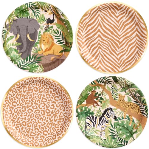 xo, Fetti Animal Print Safari Paper Plates, 4 Designs | 24 pcs 9" | Kids Decorations, Jungle Party Setting, Wild Birthday Decor, Rainforest