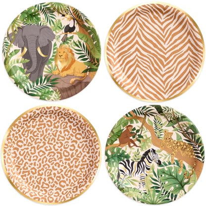 xo, Fetti Animal Print Safari Paper Plates, 4 Designs | 24 pcs 9" | Kids Decorations, Jungle Party Setting, Wild Birthday Decor, Rainforest