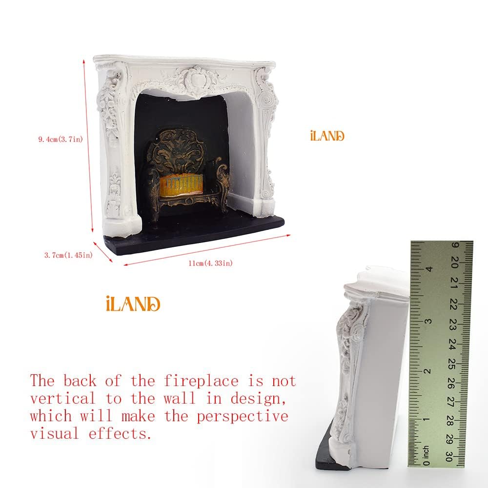 iLAND Dollhouse Furniture and Accessories of Dollhouse Fireplace on 1/12 Scale w/Fire Light & Fireplace Tools & Tong & Firewood Rack (Rococo 4pcs)