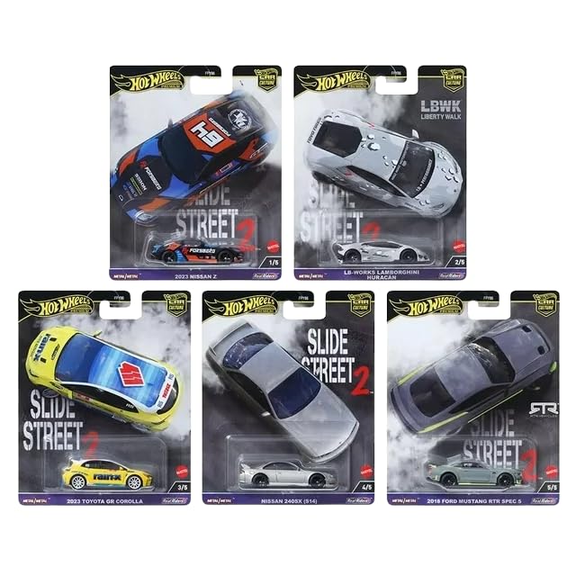 Hot Wheels 2024 Car Culture Slide Street 2 - 5-Pack (FPY86-959H) | Nissan Z, Lamborghini Huracán, GR Corolla, 240SX, Mustang RTR | 1:64 Die-Cast