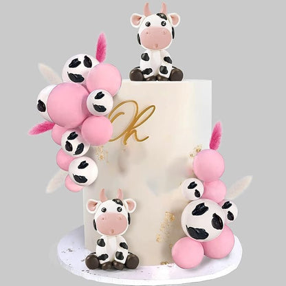 KEEPARTY Cow & Ball Cake Toppers, 26pcs, Farm Animal Themed, Clay, Pink and White, for Baby Shower, Birthday, Girls and Boys Party Supplies