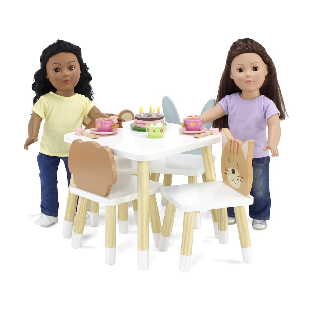 Emily Rose 18 Inch Doll Furniture Kitchen Table & 4 Animal Chairs Set - Rabbit Bear Puppy Kitten Theme, Easy Assembly Wooden 18" Doll Dining Set from