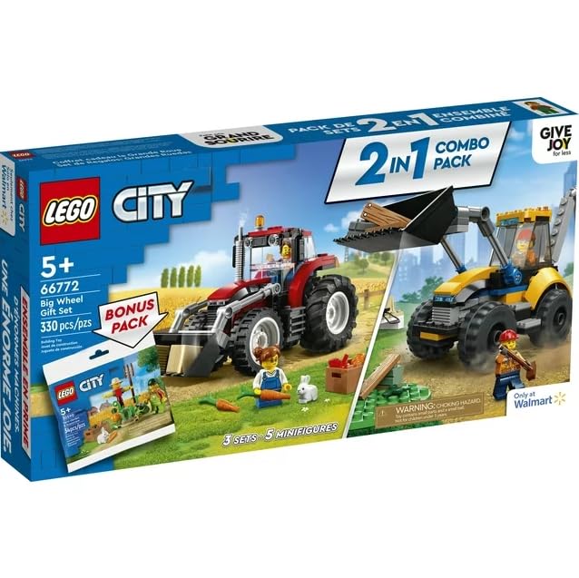LEGO City Big Wheel Gift Set 66772, 2in1 Tractor and Construction Digger Building Toy Sets Plus Farm Garden & Scarecrow Bonus Pack, Great Gift