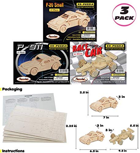 Puzzled Bundle of Cars: F-20, P911, and Race Car Wooden 3D Puzzles Construction Kits - Fun & Educational DIY Racing Toys, Assemble Model Unfinished