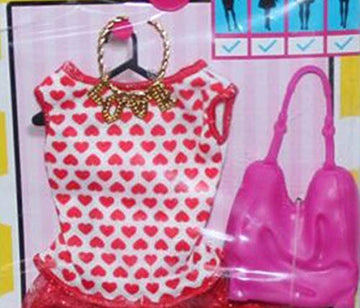 Barbie Doll Fashion Outfit - White and Red Hearts - Shirt and Shimmer / Tulle Skirt - Pink Handbag, Gold Love Necklace #DTW61