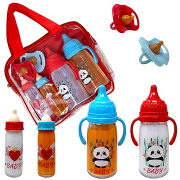 Baby Doll Bottles with Magic Disappearing Milk & Juice Playset, 6pc Pretend Baby Doll Accessories Set 4 Doll Feeding Toy Bottles and 2 Pacifiers