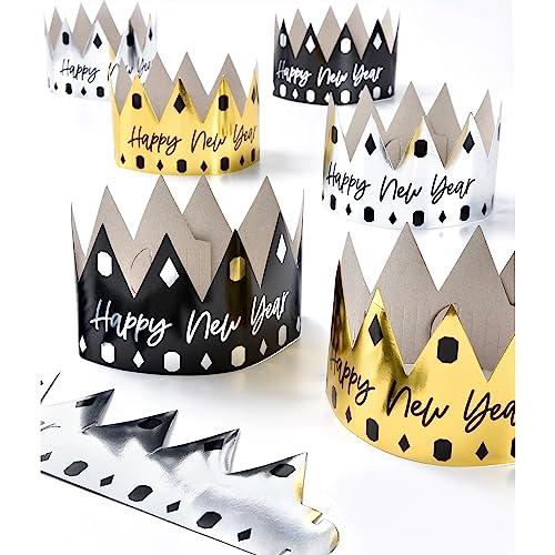 Paper Crowns - 4.5" x 8" - Unique Crowns for Fun & Festive Party Celebrations, Pack of 12, New Year's, Black, Silver, & Gold