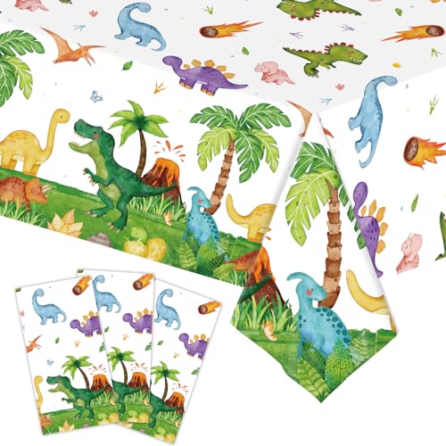SpinLaLa 3-Piece 54 x 108 Inch Dinosaur Theme Plastic Tablecloth - Disposable Rectangle Table Cover for Dining, Picnic, Birthday, Baby Shower, Dino