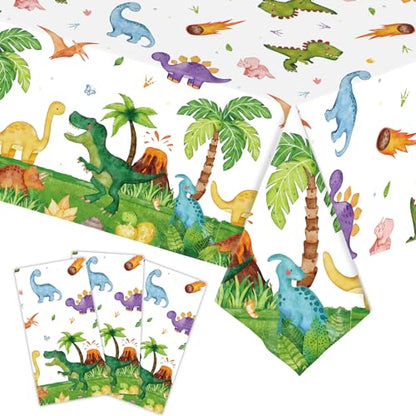 SpinLaLa 3-Piece 54 x 108 Inch Dinosaur Theme Plastic Tablecloth - Disposable Rectangle Table Cover for Dining, Picnic, Birthday, Baby Shower, Dino