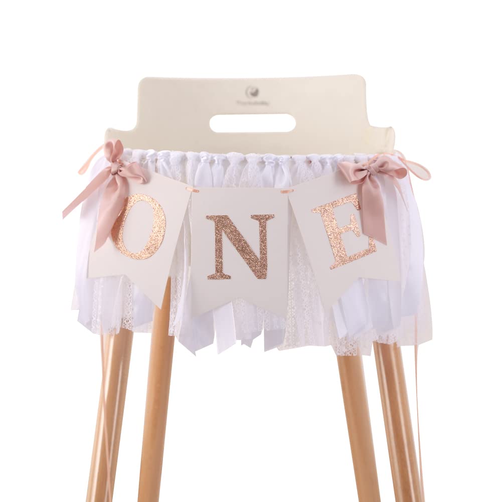 Rose Gold Blush & White 1st Birthday Banner - Highchair Banner, Party Decoration