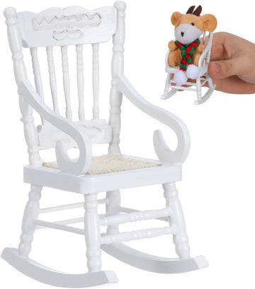 SOIMISS Miniature White Wooden Rocking Chair Hemp Rope Seat 1:12 Scale Dollhouse Furniture Accessory Bedroom Decor Little Vintage Armchair Scene