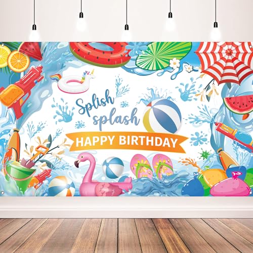 Splish Splash Birthday Backdrop, 71 x 43 Inch Pool Party Decorations Banner