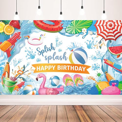 Splish Splash Birthday Backdrop, 71 x 43 Inch Pool Party Decorations Banner