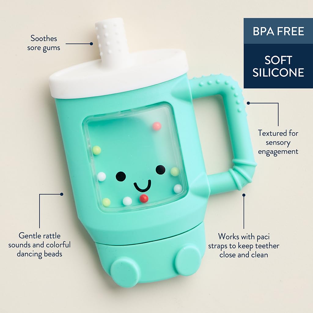 Itzy Ritzy Silicone Rattle Teether- BPA-Free Silicone Teether with Rattle for Babies & Toddlers - Features a Gentle Rattle Sound, Colorful Beads