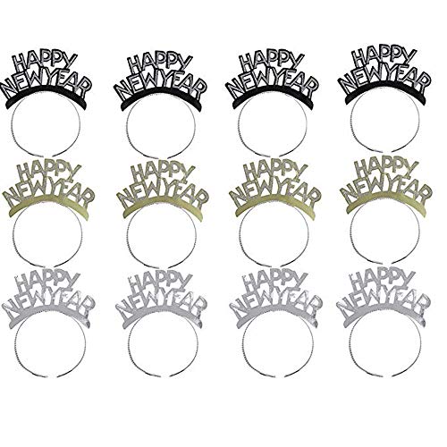 Soochat Happy New Year Headband Tiara New Years Eve Party Supplies Gold Silver Black 12 Pieces