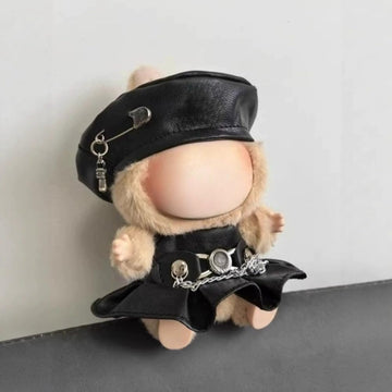 Clothes for Labubu Faux Leather Black Biker 2-Piece Set - Edgy Rock-Chic Kawaii Design Beret & Strap Mini Skirt for 17cm Dolls(No Doll) (Black)
