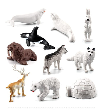 OUKEYI 10PCS Realistic Polar Animals Figurines - Mini Arctic Animals Toys Set - 1-2 Inch Plastic Tundra Deer, Bear, Fox Kids Diorama Birthday Gift