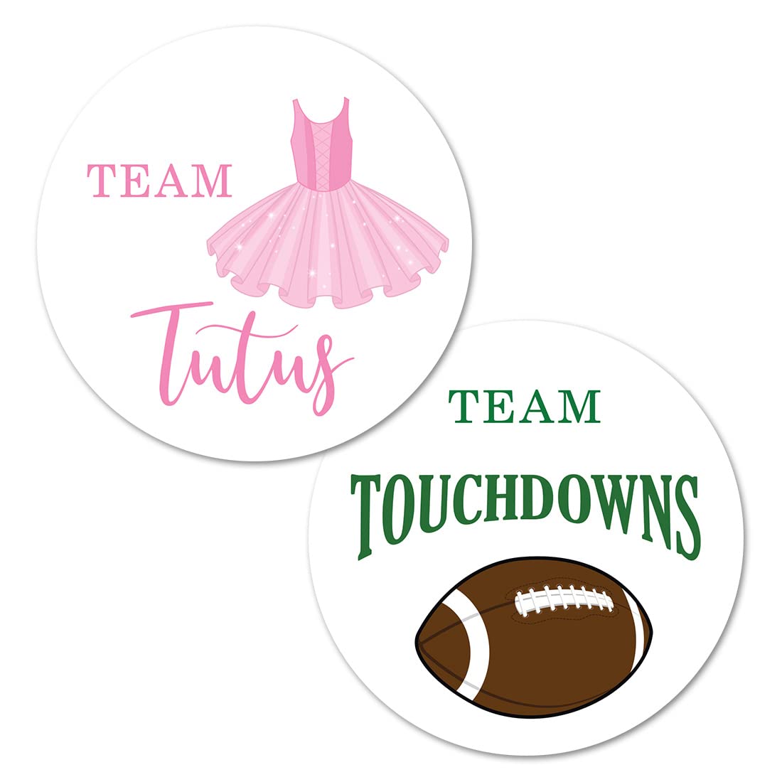2"" Round Touchdown or Tutus Gender Reveal Stickers - 40 Labels (20 of Each Design)