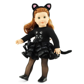 Emily Rose 18-inch Doll Black Cat Costume 4-Piece Set - Leotard, Tutu with Tail, Tights, Shoes & Cat Ears - 18" Doll Clothes | Compatible