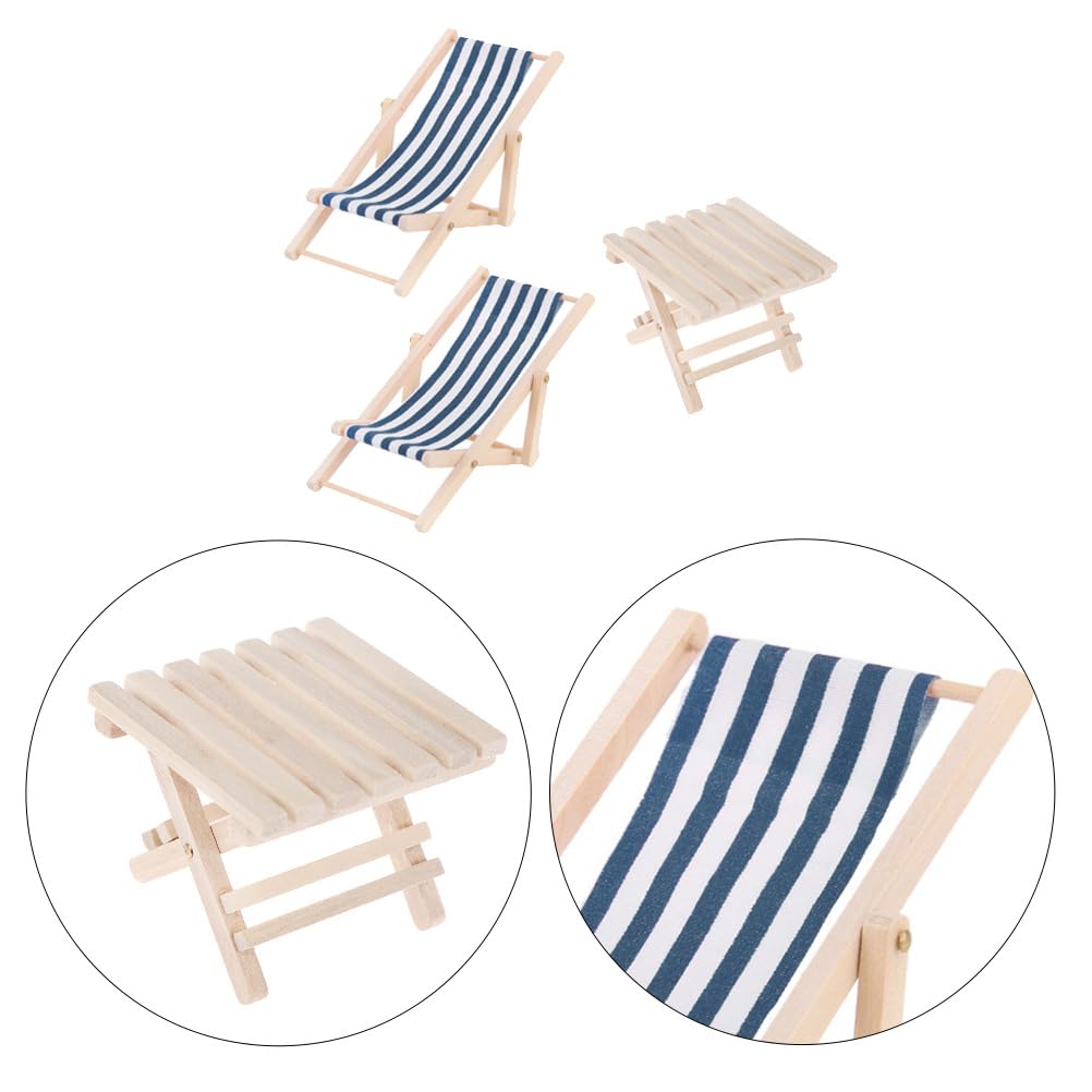 3-Pack Miniature Beach Chair & Table, 1:12 Scale Dollhouse Miniature Beach Furniture Set, Tiny Beach Chairs for Pool Party Decor, Mini Pool Furniture