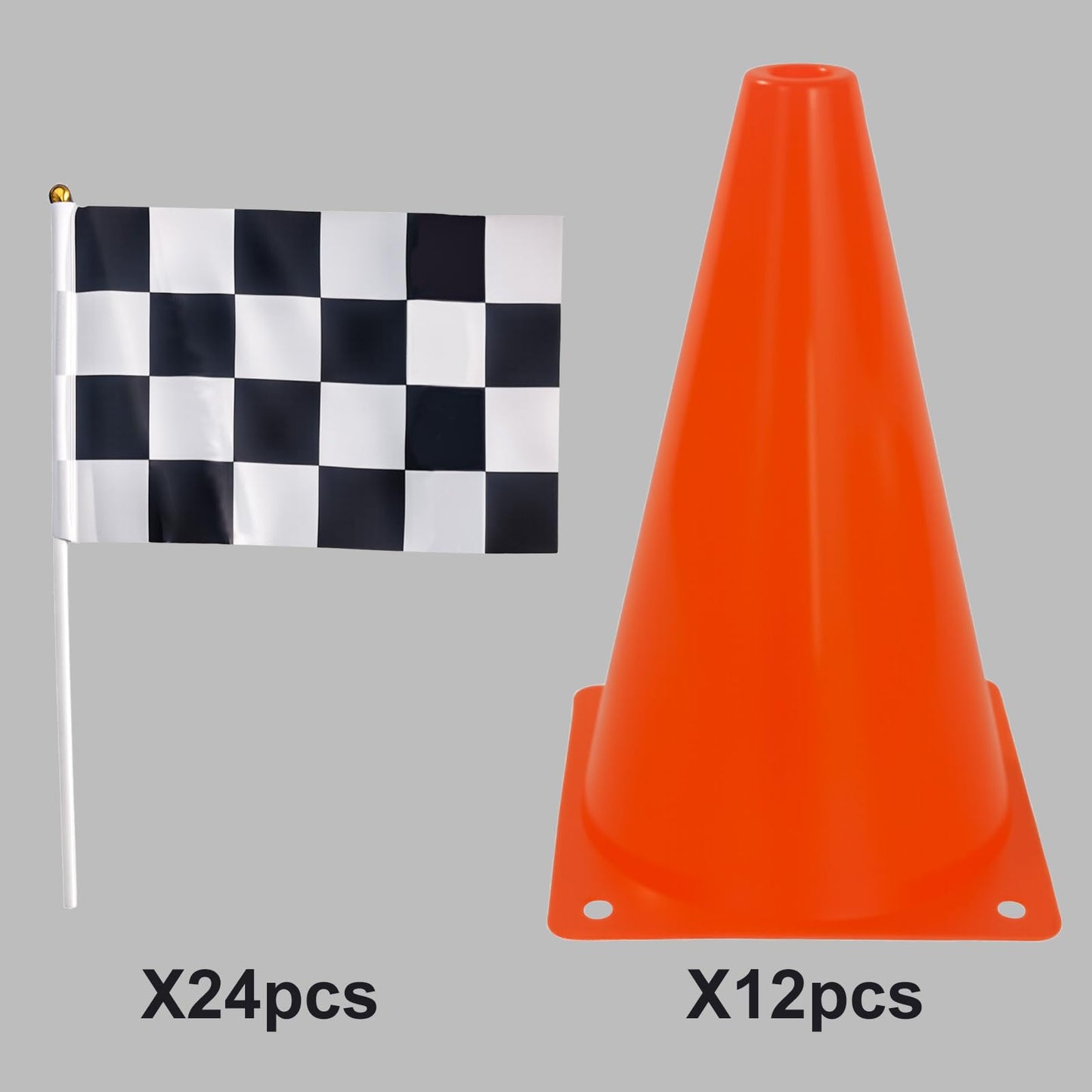 Racing Car Birthday Party Decoration - 12 orange cones (7", holes on top) & 24 flags. Suitable for quick center decorations for race-themed events