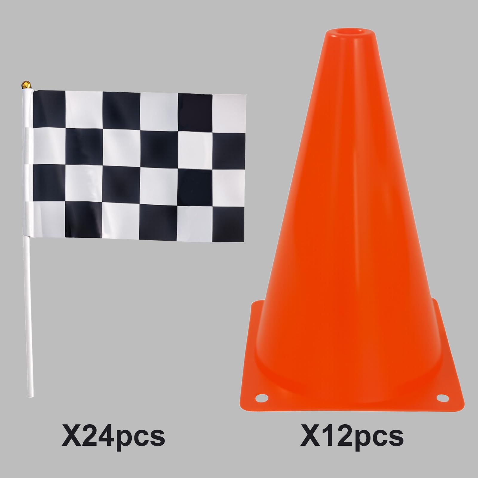 Racing Car Birthday Party Decoration - 12 orange cones (7", holes on top) & 24 flags. Suitable for quick center decorations for race-themed events
