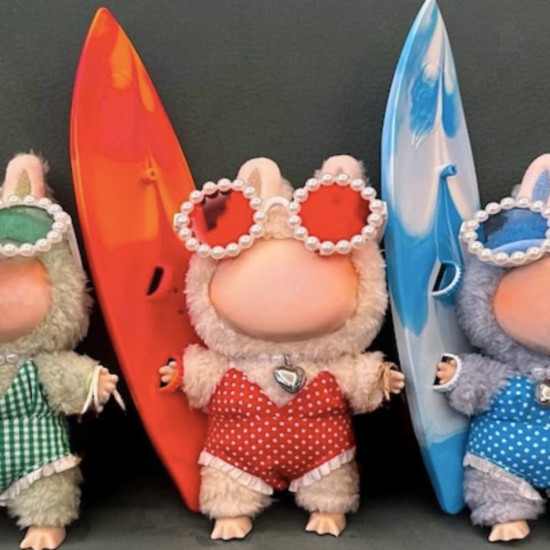 Clothes for Labubu 4-Piece Summer Swimwear Set - Quick-Dry Fabric with Swimsuit,Surfboard,Necklace & Sunglasses,Perfect for 17cm Dolls(No Doll) (Red)