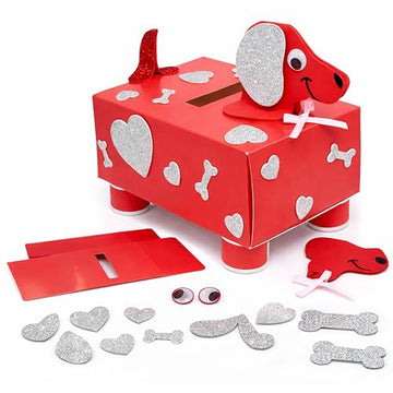 4E's Novelty DIY Valentines Mailbox for Kids - Valentines Day Card Box Craft Kit - DIY Dog Mailbox with Foam Stickers - School Mailbox Classroom